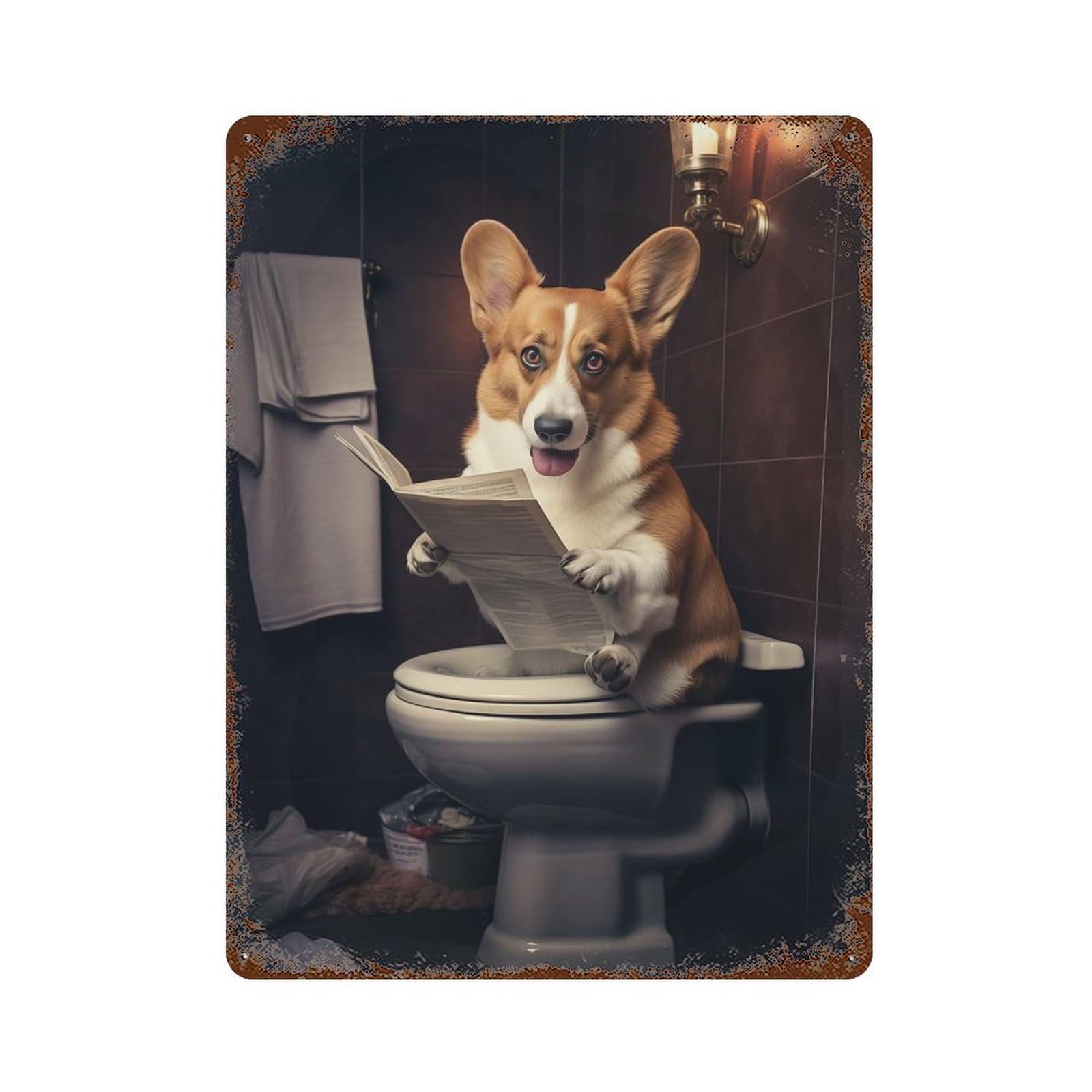 Corgi Dog Toilet Newspaper Decorative Tin Sign 15.7"x11.8", Ideal for Garage, Bar And Workshop Decor