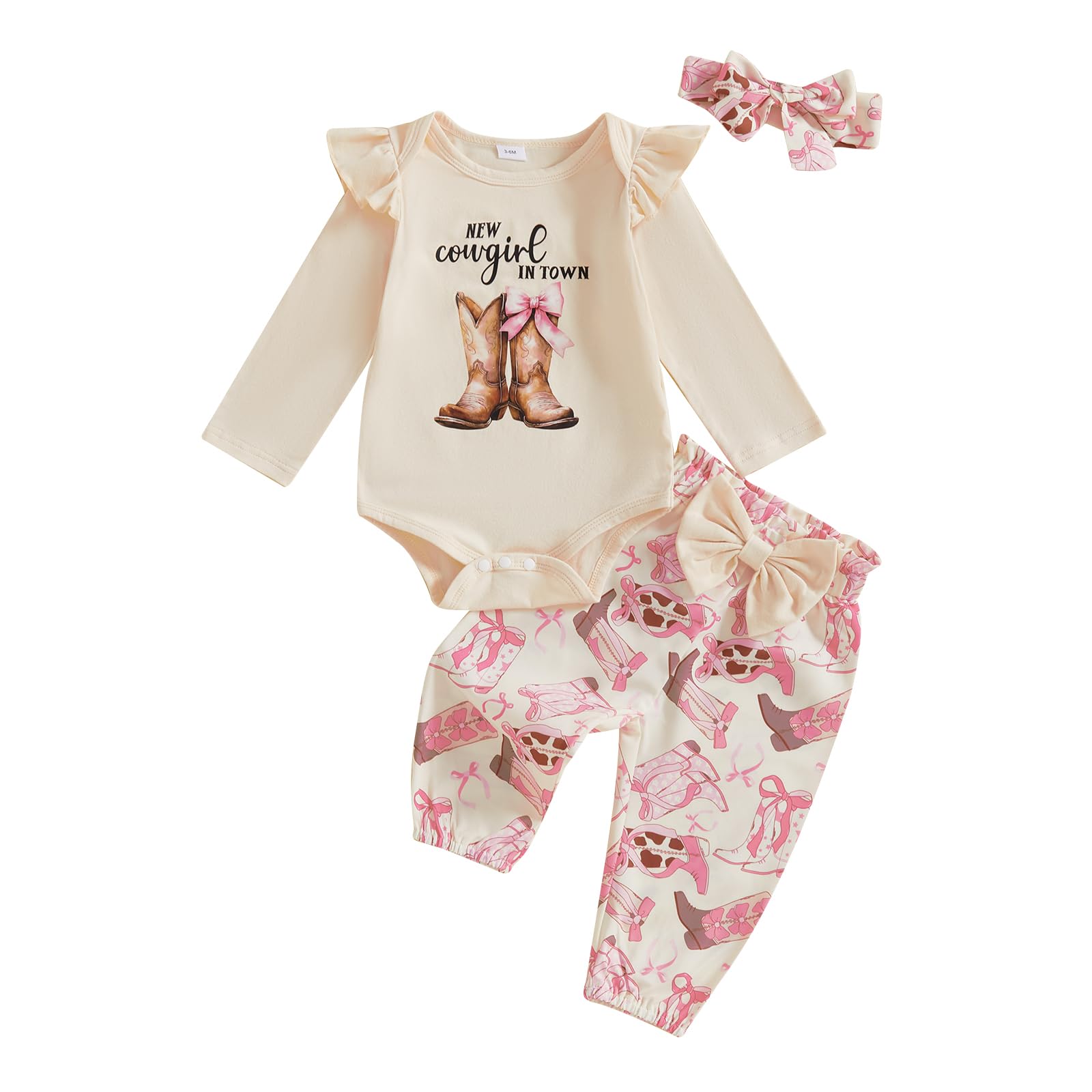 Youweixiong Western Baby Girl Clothes Ruffle Long Sleeve Letters Romper Cowgirl Boots/Pony Pants Bow Coming Home Outfit 0-18M