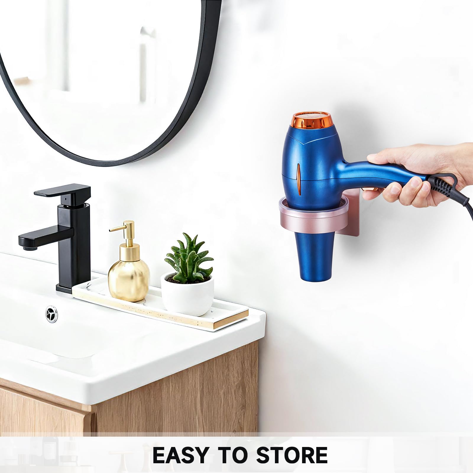 Soporte para secador de pelo montado en la pared, organizador adhesivo para secador de pelo, almacenamiento de herramientas de pelo para baño y salón, accesorios de baño que ahorran espacio, diseño