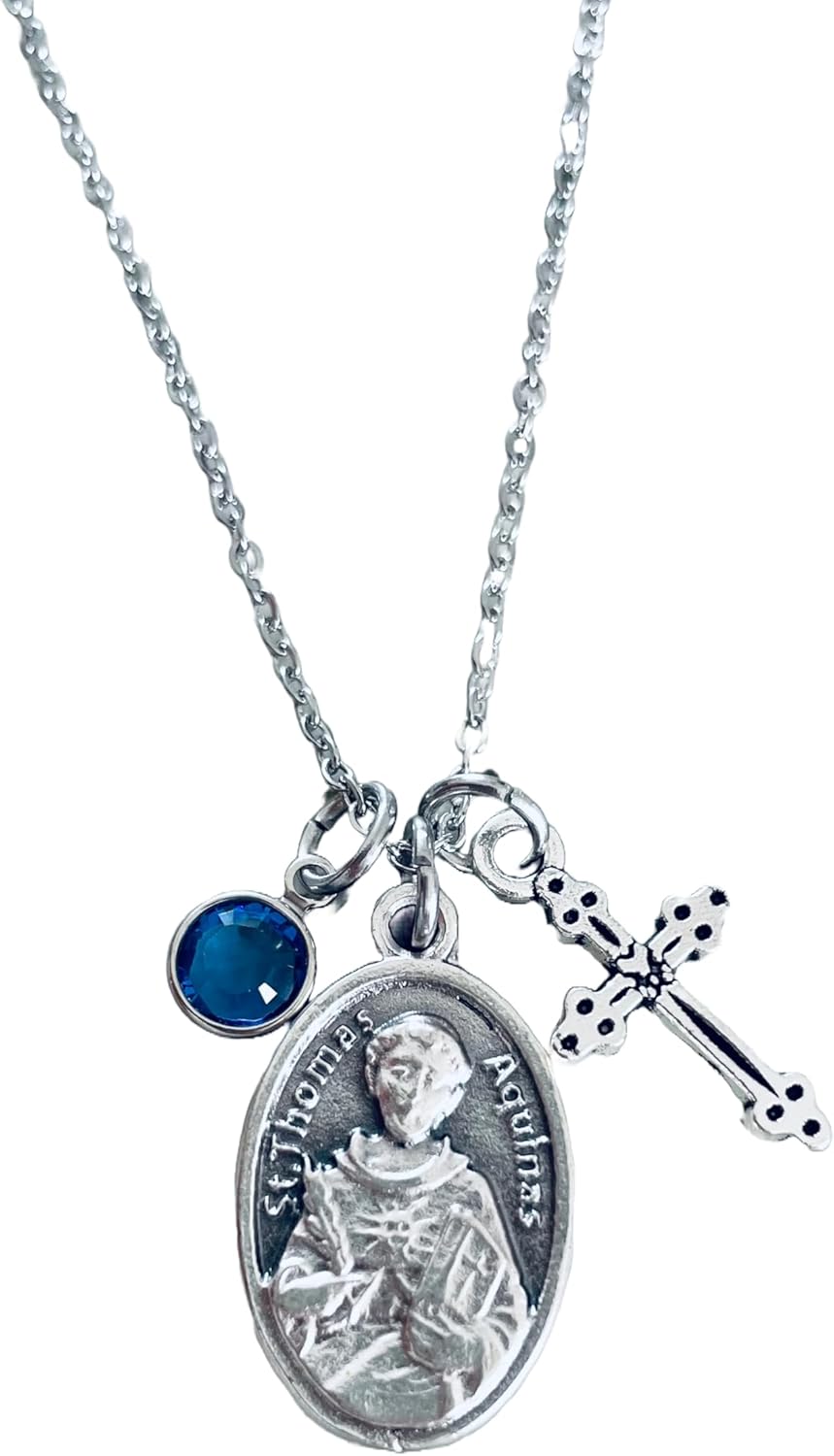 St. Thomas Aquinas Necklace – Silver Oxidized Medal with Cross and Birthstone – Stainless Steel Chain Catholic Religious Gift for Men, Women, Students & Teachers