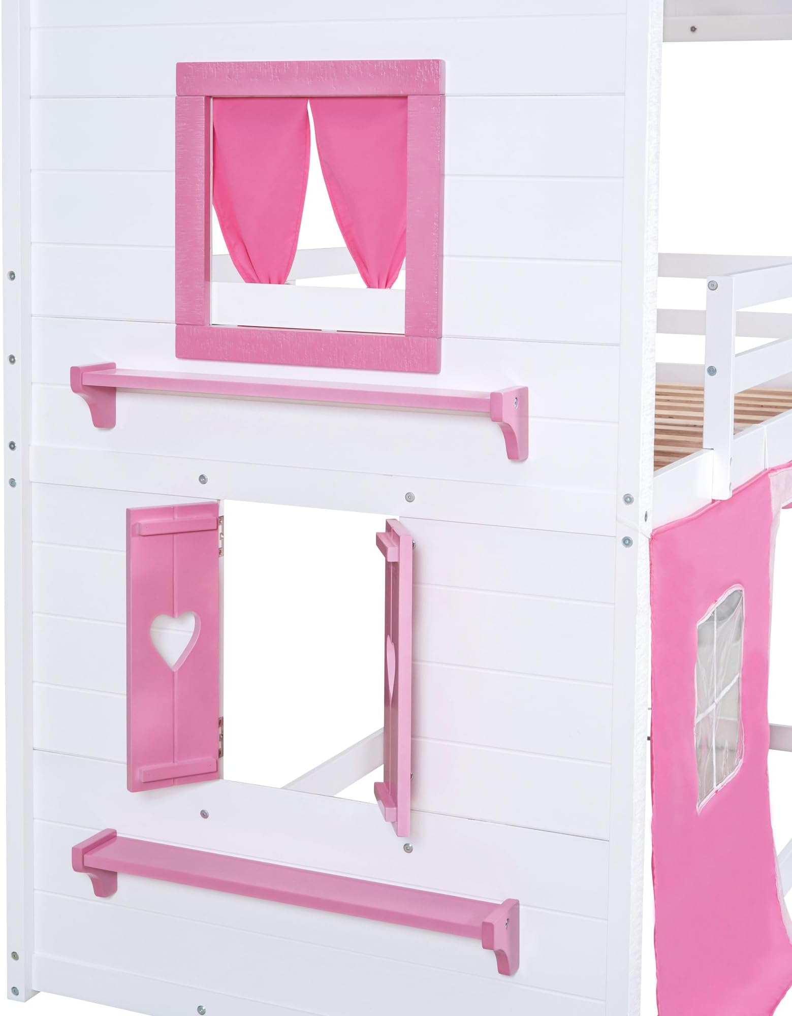 SOFTSEA Full Size House Bunk Bed with Elegant Windows Sills and Tent, Wood House Bunk Beds for Kids, 2 Beds Bunk Beds, Pink+White