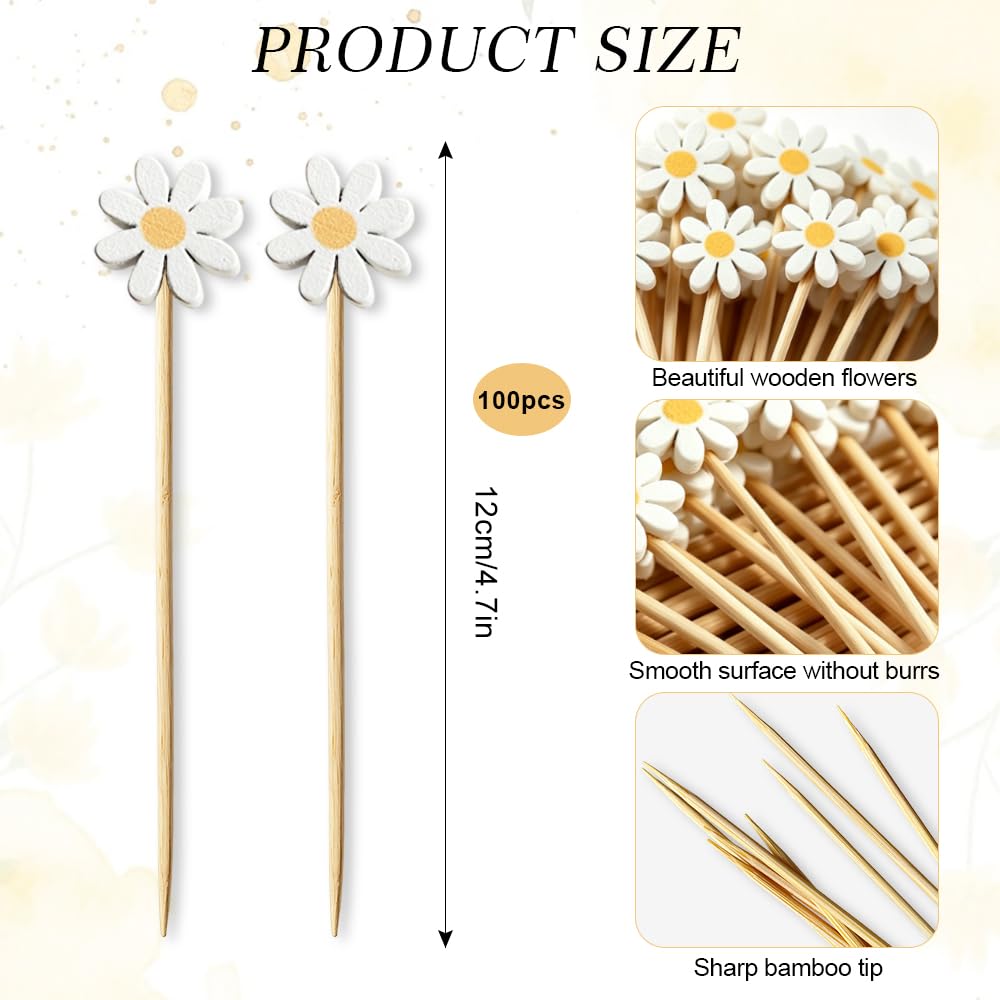 100 Piezas Palillos de Cóctel 12 CM,Palillos para Aperitivos de Bambú con Crisantemo, Brochetas Decorativas para Pinchos,Palitos para Brochetas de Frutas para Cumpleaños, Fiesta, Hamburguesas