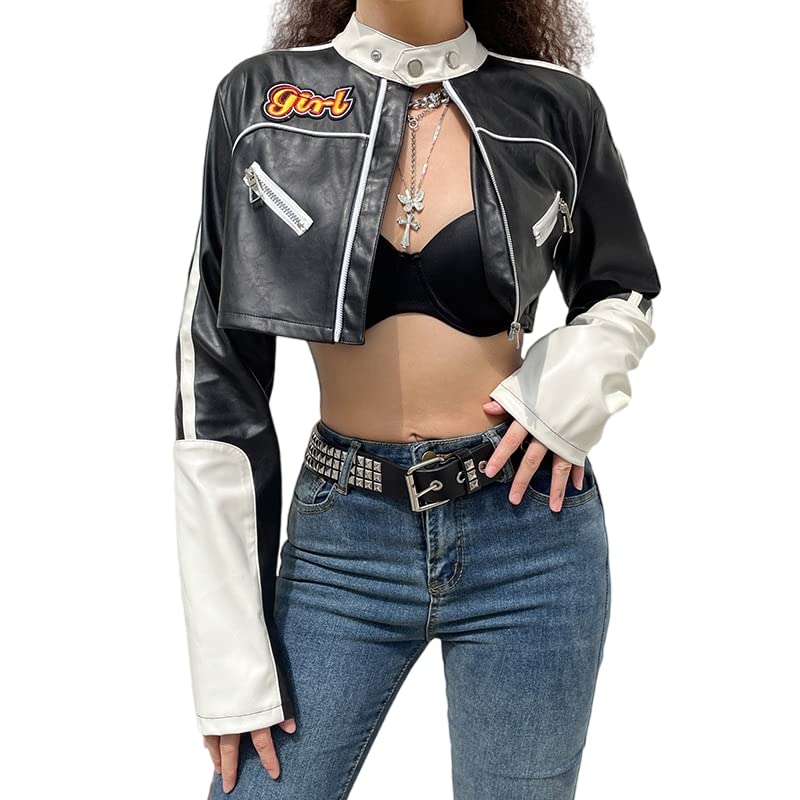 Women Y2K Grunge 90S E-Girl Moto Cropped Zip Up Jacket, Punk Dark Academia Cool Babes Alt Emo Korean Coat Crop Top