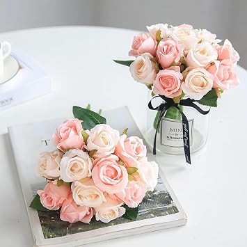 Jasion Artificial Silk Roses 12pcs Fake Flowers Champagne | Arrangement Bouquet for Home Office Parties Bridal and Wedding Decoration