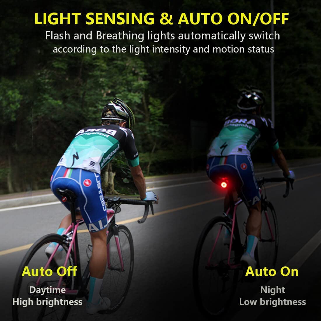 Monkey Home Smart Fahrrad Rücklicht, Auto On/Off Fahrrad Taschenlampe, Auto Lichtsensor USB Akku, LED Fahrradlichter für Kinder und Erwachsene （EU-Patente）