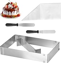 Adjustable Rectangular Patisserie Frame, Rectangular Baking Mould Accessory, Stainless Steel Square Cake Mould with Separator for Baking Cake Pies Decoration + 20 Piping Bags