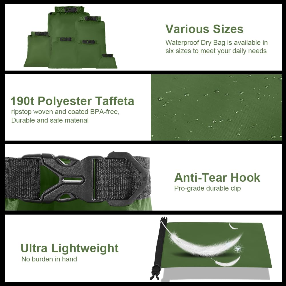 6 Piezas Bolsas Estancas Impermeable, 1.5/2.5/3/3.5/5/8L Bolsas Secas Ligeras, Bolsas Estancas Ligeras Portátil, para Kayak, Senderismo, Rafting, Camping, Pesca, Ciclismo(Verde) — view 3