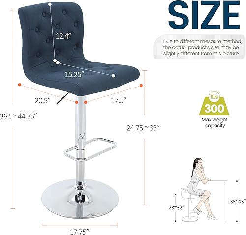 Miniatura 3 de Brage Living Taburete de bar de tela copetudo, taburete giratorio ajustable de altura de mostrador con respaldo, silla de bar tapizada sin brazos