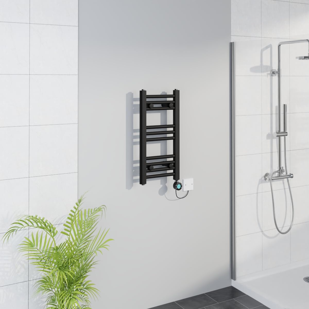 Warmehaus Black Smart Wifi Thermostatic Electric Bathroom Straight Heated Towel Rail Warmer Radiator With Timer 600X300mm