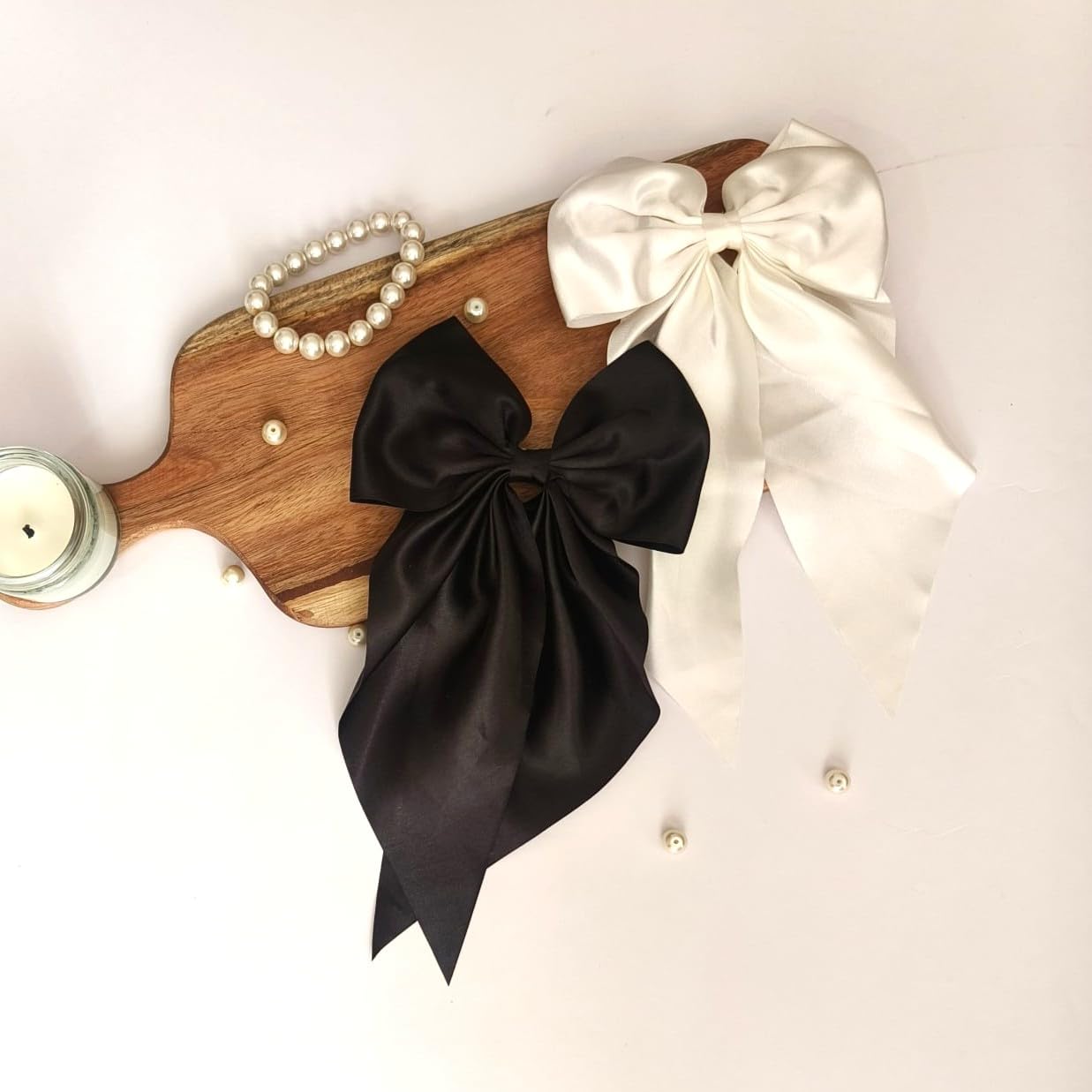 BlissAura 2 Pack Off White and Black – Hair Bows, Bow Clips for Women – Luxury Satin Hair Bow Clips for Girls, Hair Clips, Cute Hair Accessories for Girls – Gifts for Women