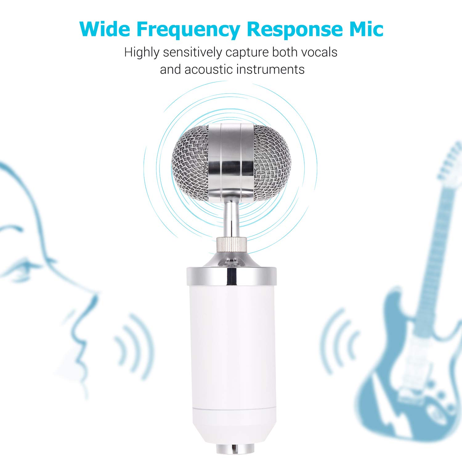 Kit de micrófono de condensador unidireccional con abrazadera de metal a prueba de golpes, parabrisas de bajo ruido, alta sensibilidad para transmisión vocal en vivo, canto, transmisión, instrumento