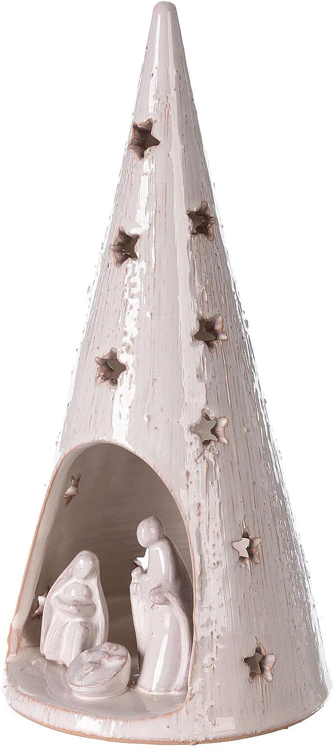 Christmas Tree Candle Holder with Nativity in Deruta Terracotta 25 cm
