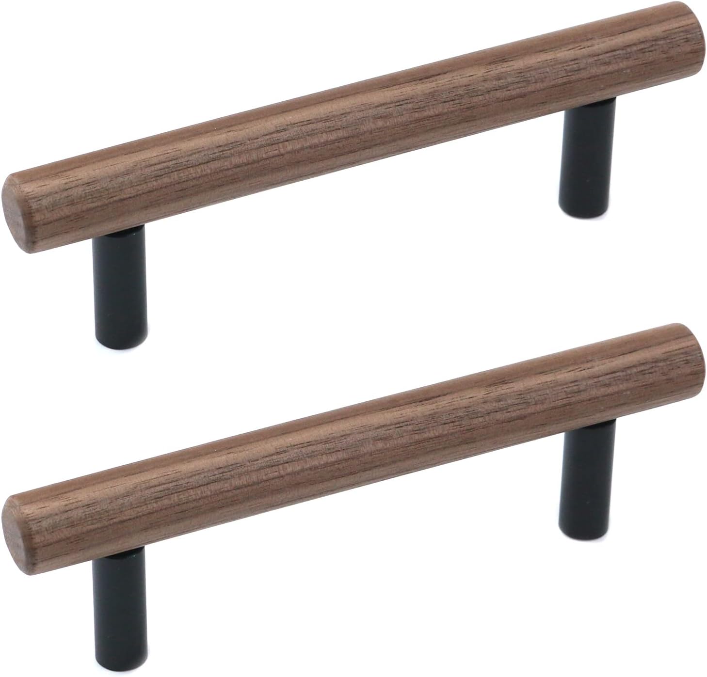 2Pcs Walnut Solid Wood Pulls Handles Aluminum Alloy Black Base Kitchen Wardrobe Cabinet Hardware Pull Handle Drawer Dresser Pull Handle (Round Handle, Round Black Base, Hole Center 3.8"/96mm)