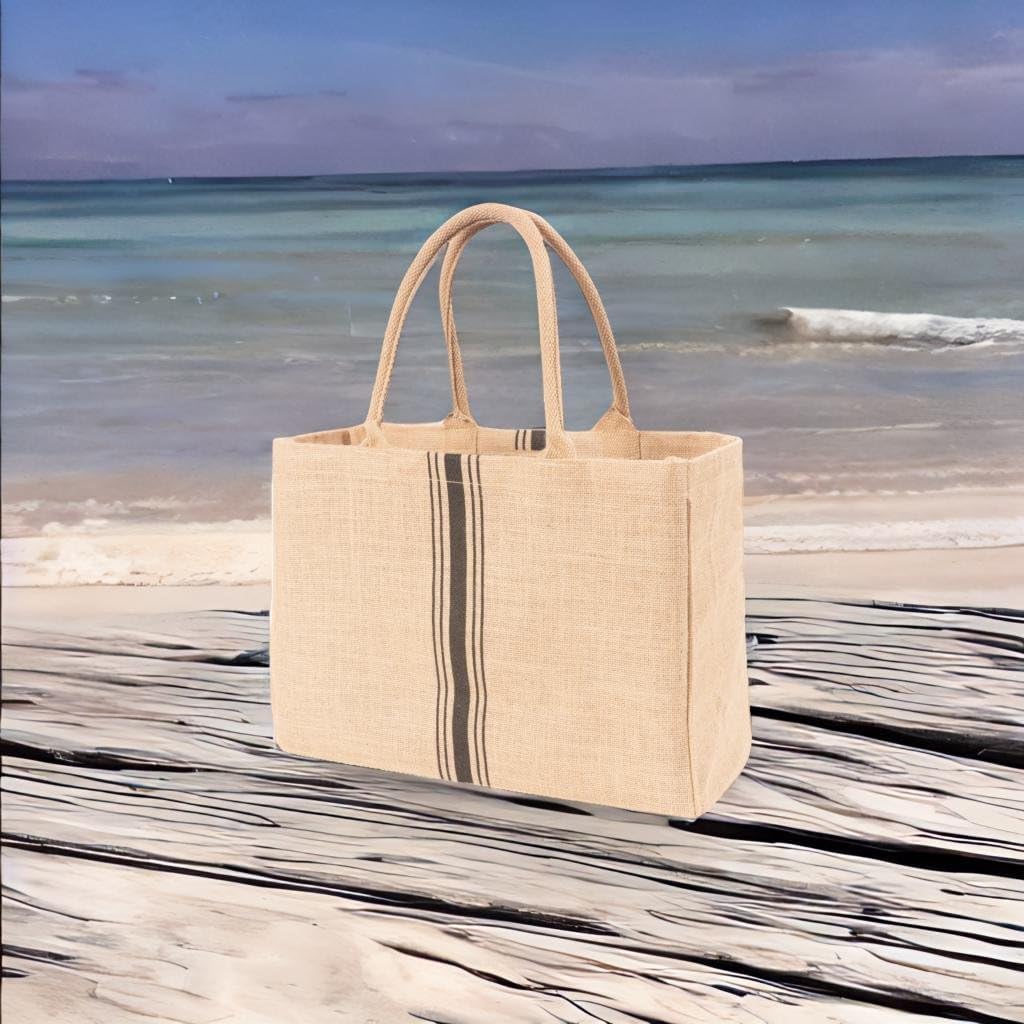 KAF Home Jute Market Tote Bag with Handles, Triple Stripe - Image 3