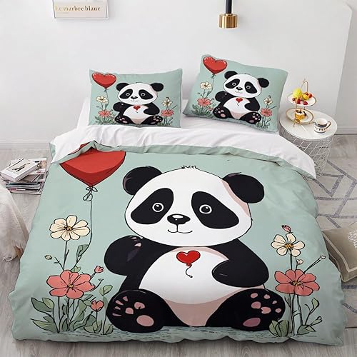 OmErsa Juego de funda de edredón de panda tamaño individual, juego de ropa de cama de animales para niños de 3 piezas, funda de edredón con