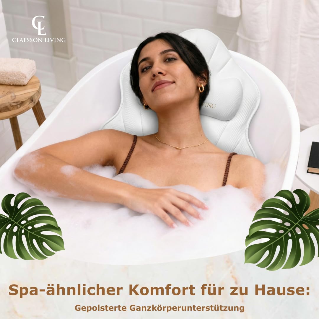 Badewannenkissen Ganzkörper Badekissen (126x41cm) - Badewannenmatte mit Kopfstütze (13cm) unterstützt Nacken, Rücken und Beine - Mit Wasch- und Reisebeutel und einem Hängehaken für Trocknen - Weiß