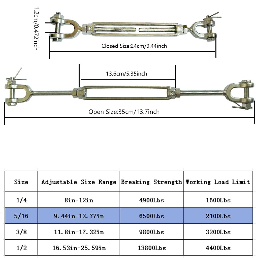 Lot de 2 tendeurs en acier inoxydable 304, 5/16 M8 à corps fermé et mâchoire pour tendeur de câbles, tendeur pour voile d'ombrage, cordes à linge, guirlandes lumineuses, limite de charge de 952,5 kg