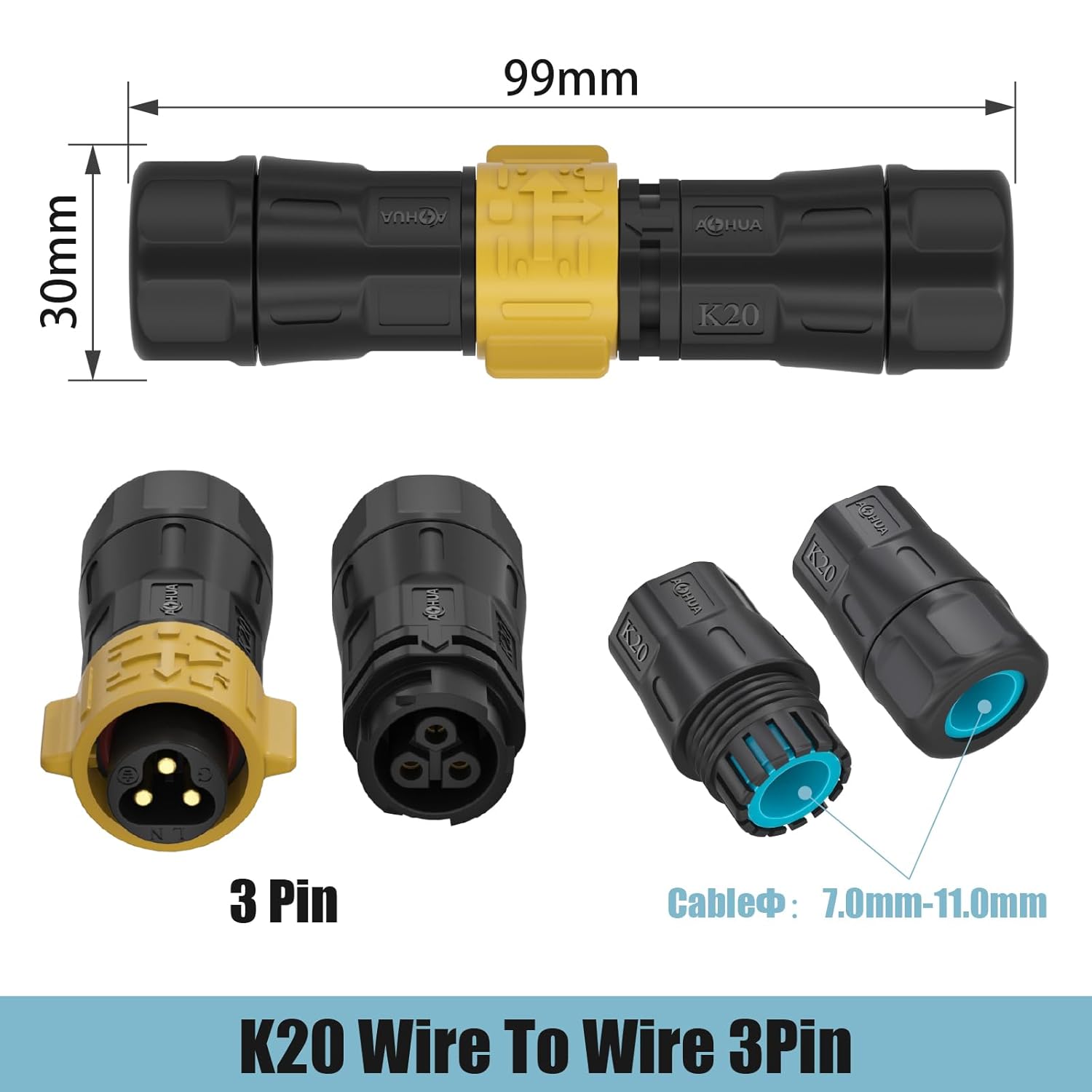AOHUA 3-Pack K20 IP68 Waterproof 3-Pin Connector - Quick Docking 300V/20A Male/Female Electric Plug Socket for 6.0-13.0 Cables, Industrial/Aviation Grade (AH-K20-2003MMZ/FFZ01222-Y)