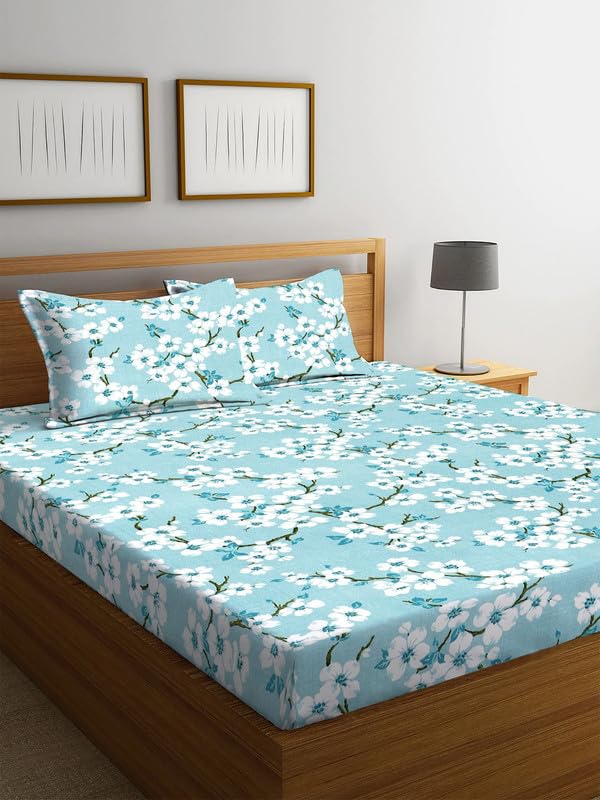 Image of 100% Cotton Elastic Fitted Bedsheets with 2 King Size Pillow Covers Double Bed with All Around Elastic Supersoft Size - 72 King Sizex78+10 inches Beige & Green 200 tc - 220 tc