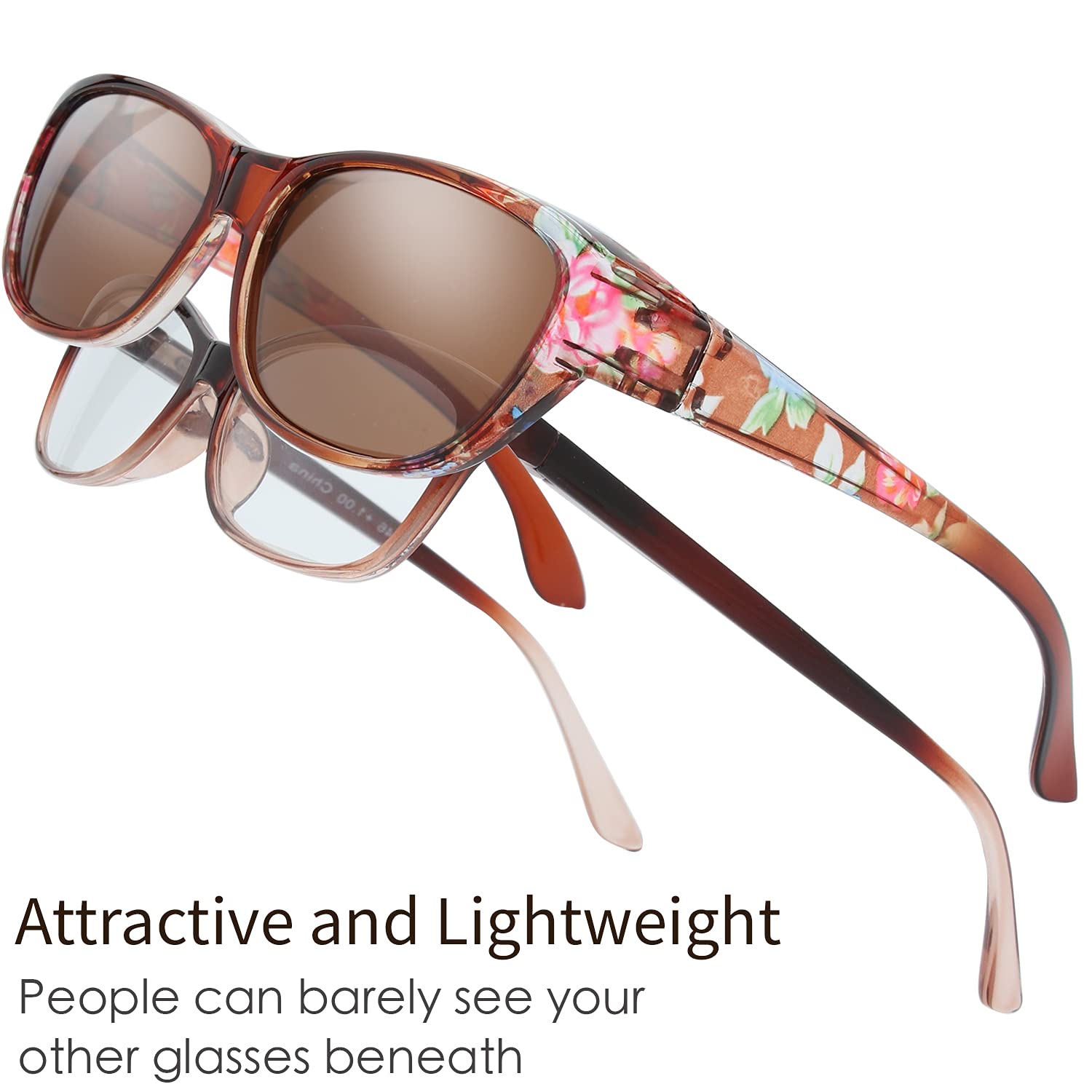 Gafas de sol polarizadas de alta definición para gafas - Funda de cuero para lentes, F3 Marrón/Estampado De Flores Florales 3