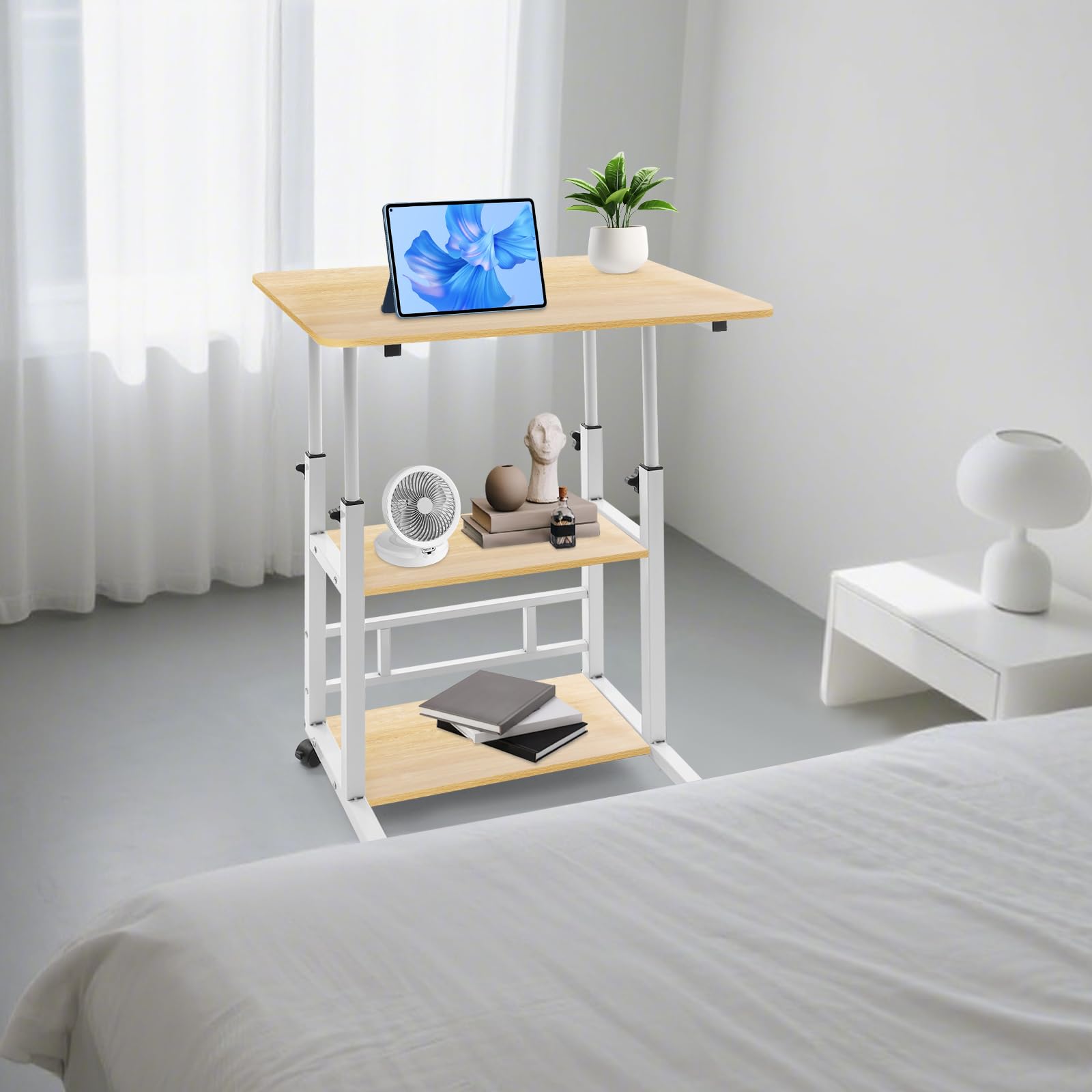 Comodino regolabile Overbed, scrivania mobile a 3 livelli, per soggiorno, ufficio, casa, studio, colore legno, 60 x 40 cm, altezza regolabile: 60 – 90 cm