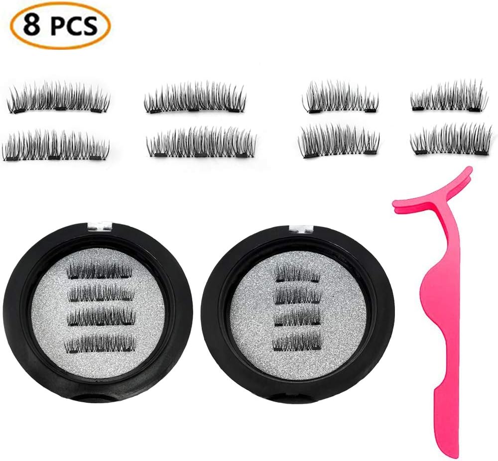 Magnetic Eyelashes,Upgraded 3D Magnetic Eye Lashes, Reusable Silk False Lashes, Ultra Thin Magnet, Light weight & Easy to Wear, Eyelashes with Applicator, 8 PCS with Tweezers