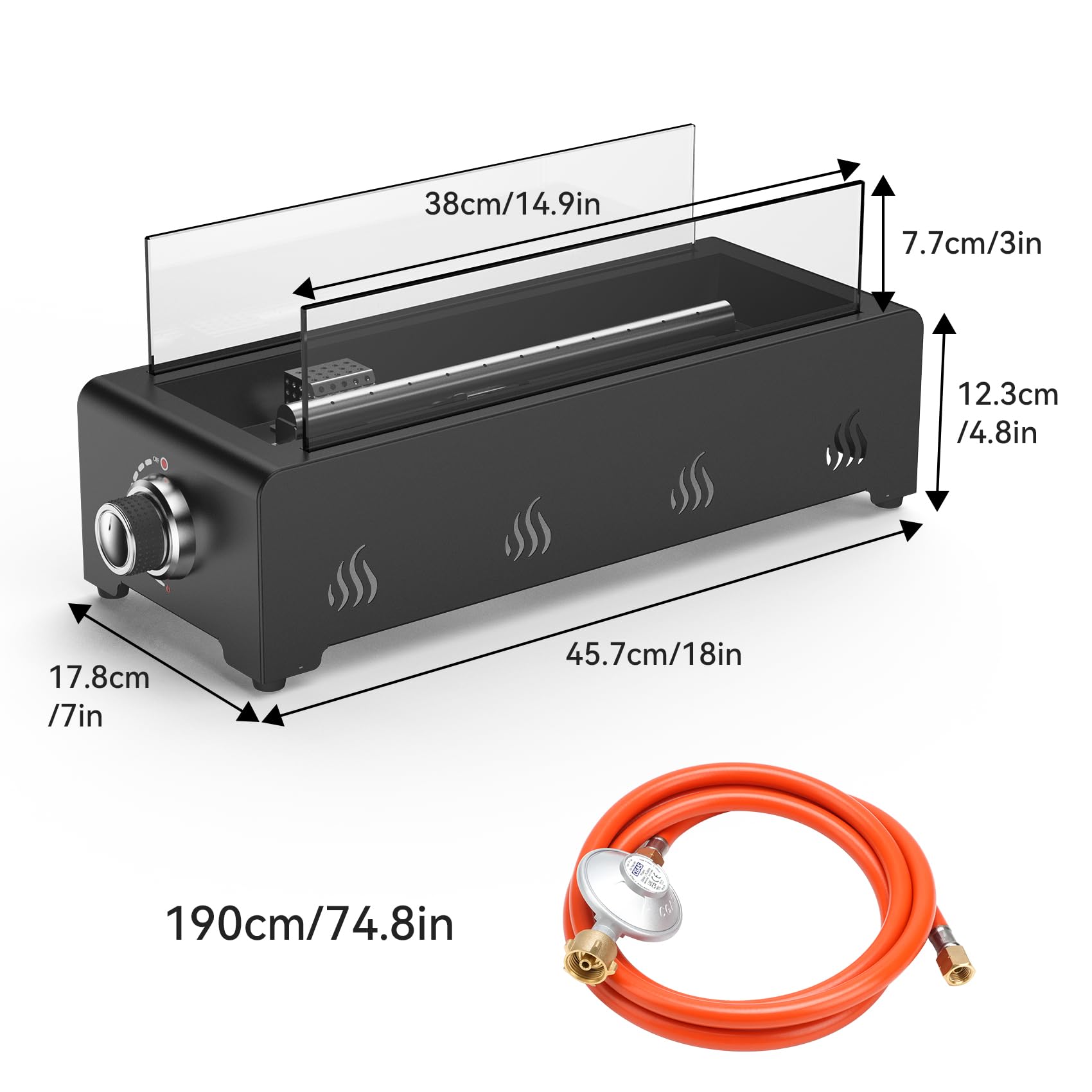 Onlyfire Tischfeuer 3,2 kW 45,7cm Kleine Feuerstelle mit Lavastein Glaswindschutz Gasdruckregler