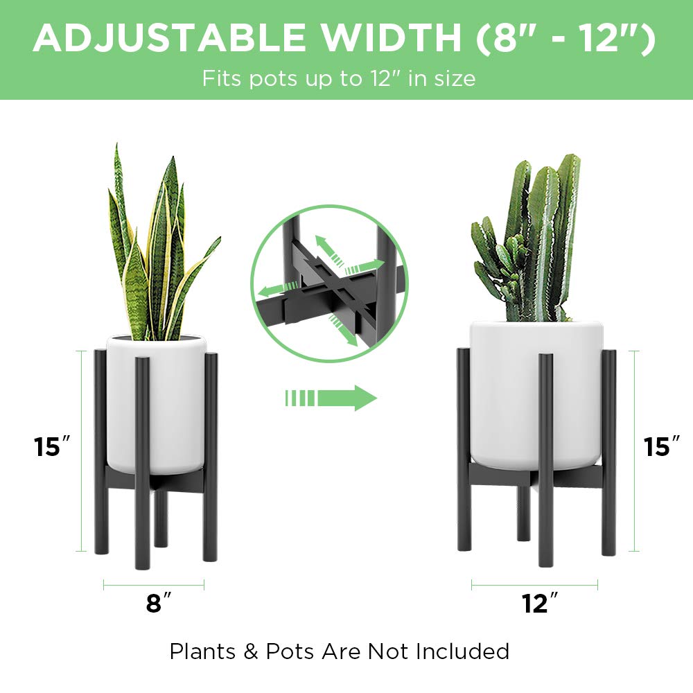2 Pack Indoor Plant Stands, 2 Tier Tall Plant Stand 30 inches, Mid Century Bamboo Plant Stand, Adjustable Width 8 - 12 inches, Fits Pot Size of 8 9 10 11 12 inches Pot & Plant Not Included, Black