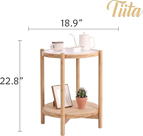 Miniatura 3 de Tiita Mesita de noche de ratán, mesitas de noche con acento de bambú, mesas de café de cristal, mesa auxiliar de madera bohemia con almacenamiento