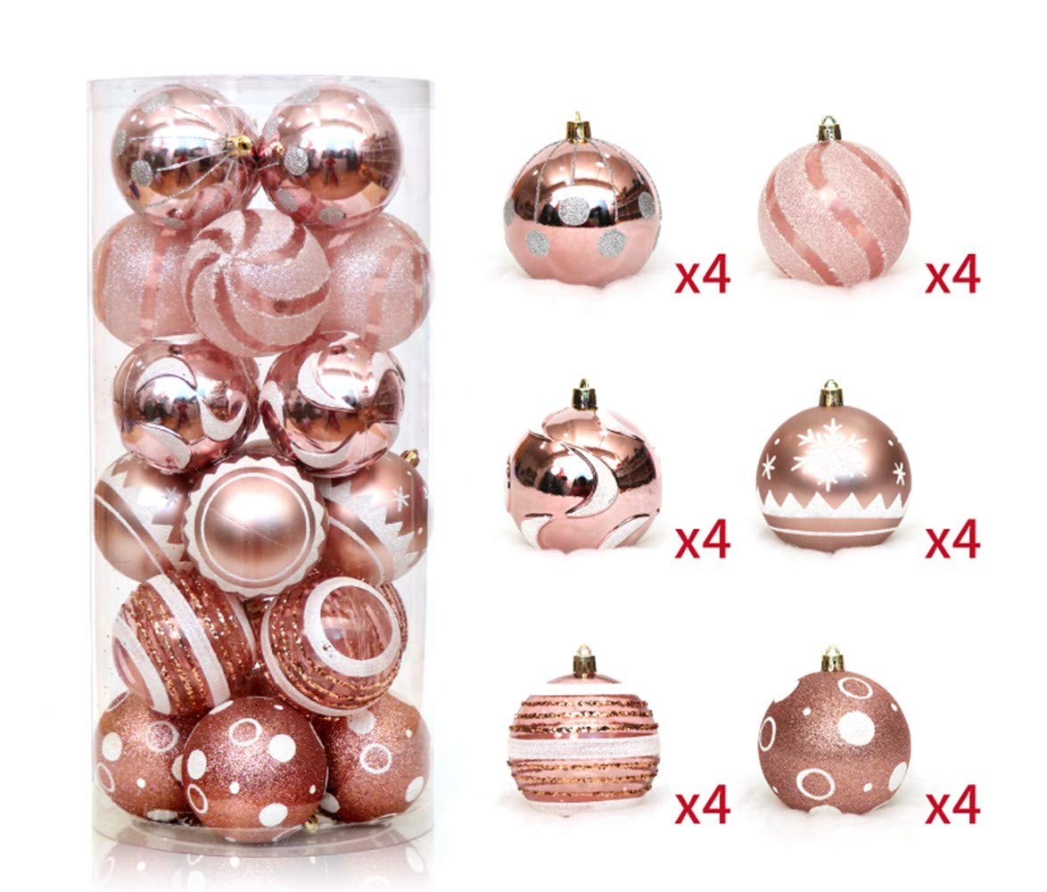 24 Stück Weihnachtskugel-Ornamente, 6 cm, bruchsicher, bemalt, zum Aufhängen, Weihnachtsbaum-Dekorationsset für Urlaub, Hochzeit, Weihnachtsdekoration (Roségold)