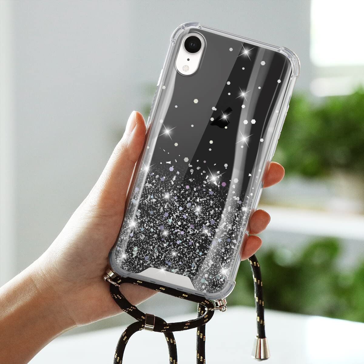 Vauki Cover Glitter con Cordino per iPhone XR 6.1, Custodia Trasparente Glitterate con Collana PC Case Antiurto con Corda Regolabile Tracolla Sparkle per iPhone XR, Rosa
