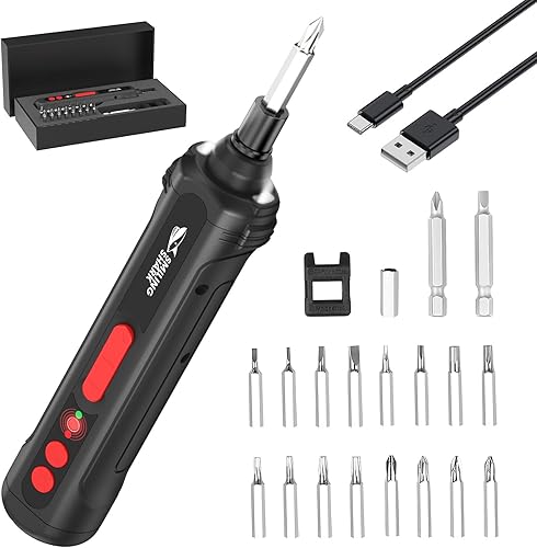 Smiling Shark Juego de destornilladores, kit de destornilladores eléctricos inalámbricos, recargable, 4 V, profesional, 19 puntas magnéticas, con
