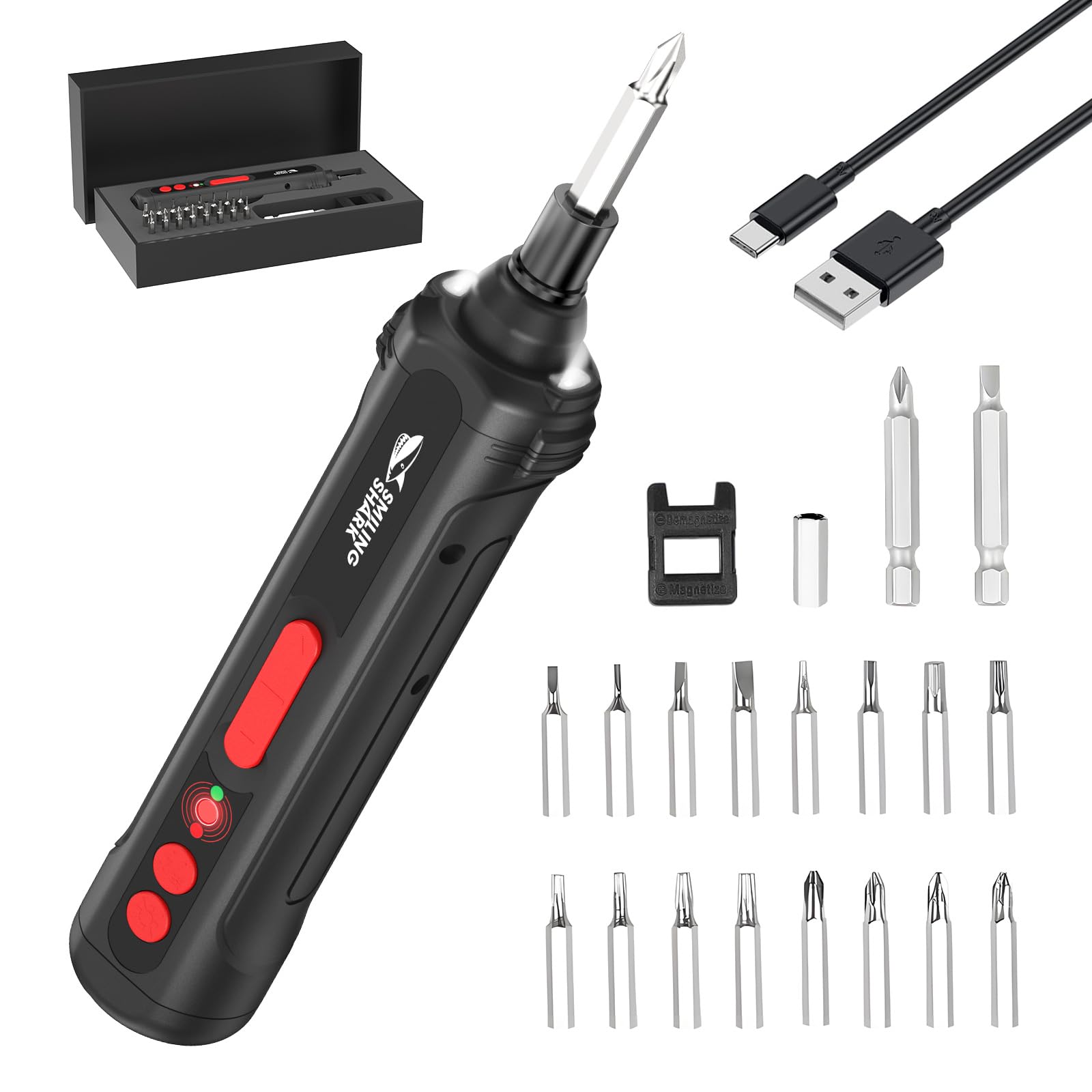 Smiling Shark Screwdriver Set Cordless Power Screwdriver Kit Rechargeable 4V Professional 19 Magnetic Bits Set With Circuit Sensor