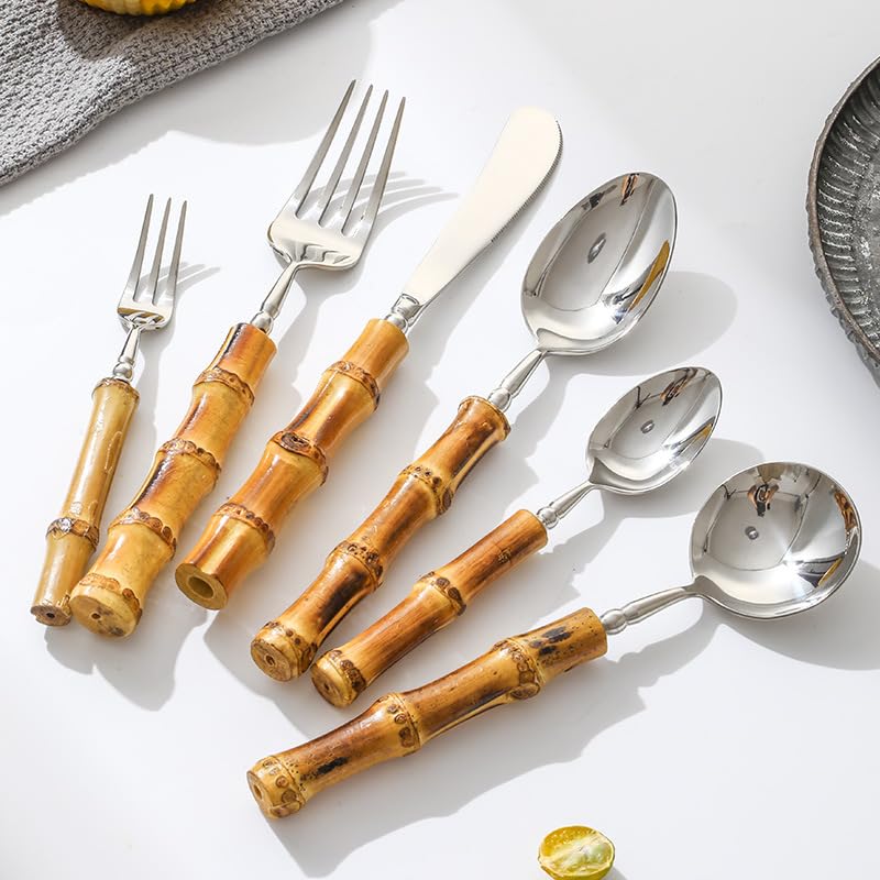 Este Juego de Cubiertos Silverware, 6/24/36/48/60/72 Piezas, de bambú Natural, Acero Inoxidable 304, Incluye Cuchillo para Carne, Tenedor, Cuchara, Cuchara Redonda, Tenedor de Postre y vajil