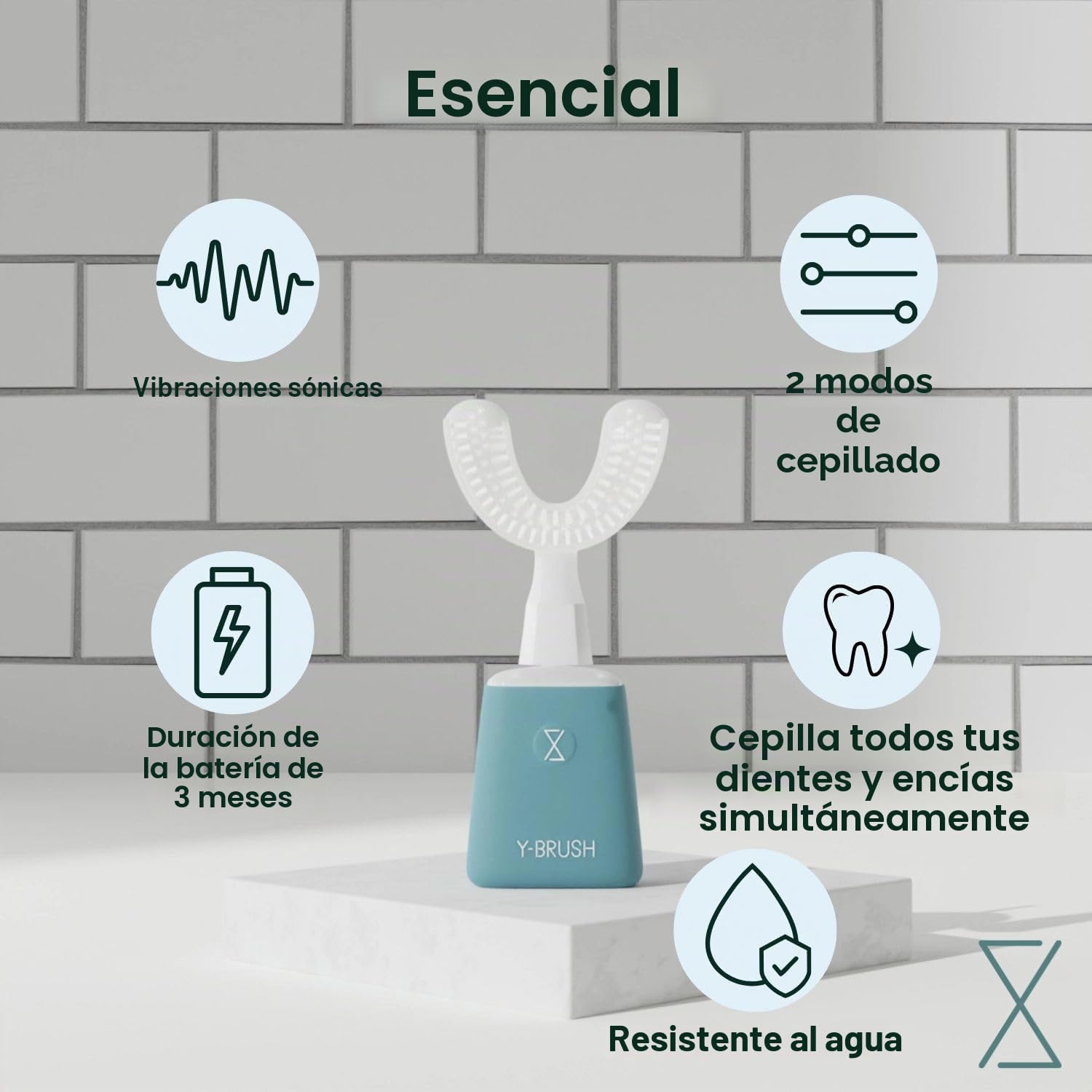 Y-Brush Essential – Cepillo de dientes eléctrico sónico – Cepillo en Y, 3 meses de duración – 2 modos de vibración – Pack esencial para adultos (12-99 años))