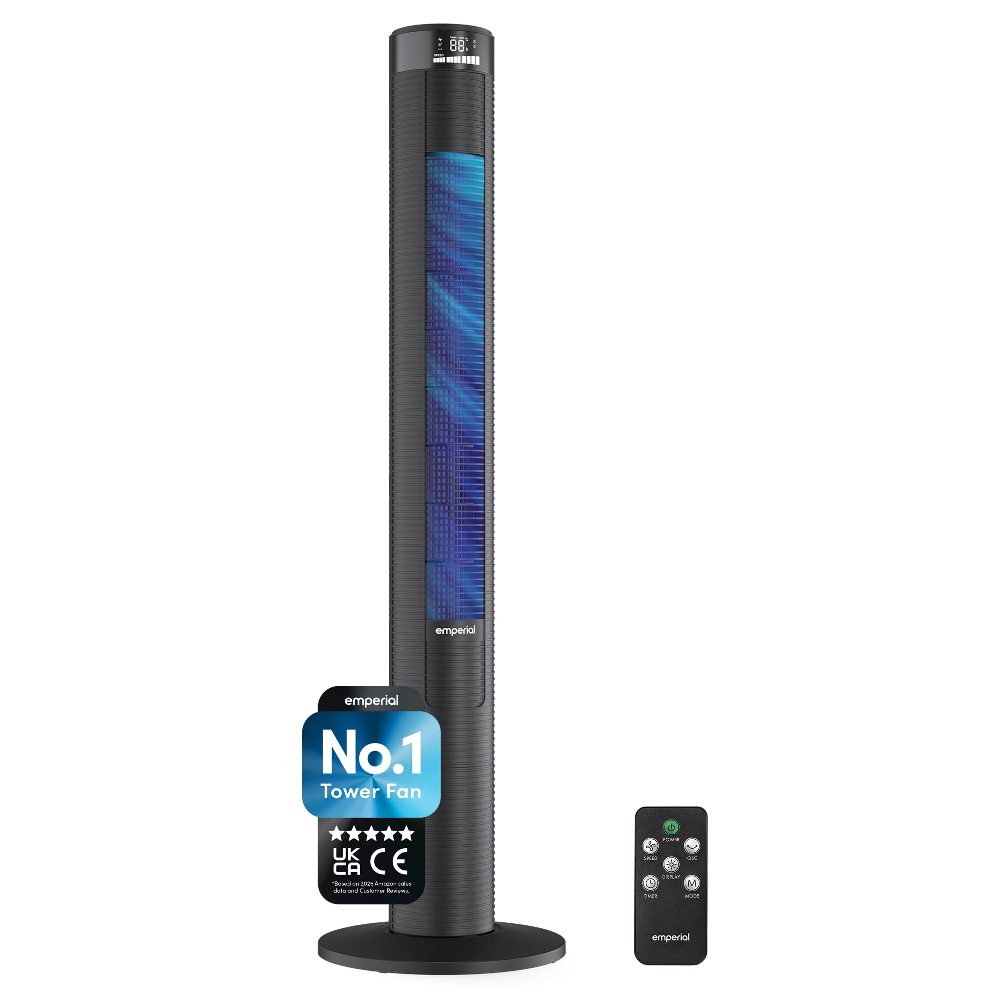 Emperial 46” Bladeless Tower Fan | Quiet 45W Cooling Fan with Remote | LED Display, 3 Speeds, 4 Modes, 12 Hour Timer, 70° Oscillation | Portable Floor Fan for Bedroom, Home & Office