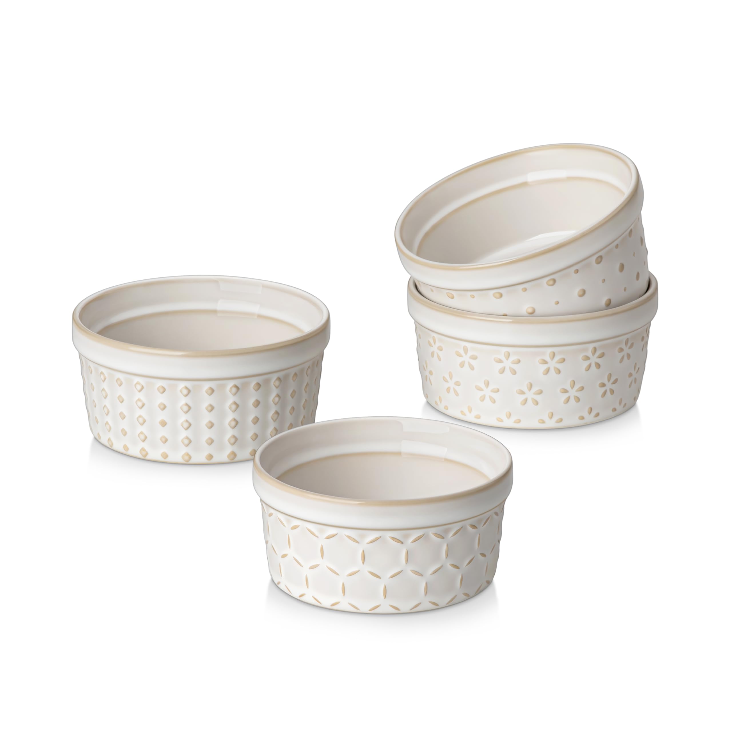 MALACASA Ofenfeste Backförmchen Set 4er, 120 ml Mini Steingut Förmchen mit Relief, Kleine Schalen für Crème Brûlée, Pudding, Desserts & Soufflé, Serie LYDIA Beige
