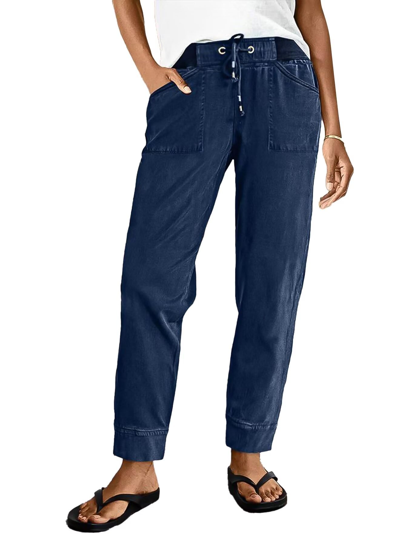 Flamingals Straight Leg Mid Waist Solid Drawstring Pants for Women with Patch Pocket