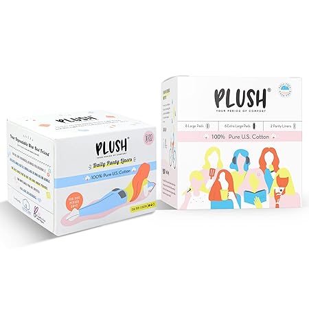 Plush 100% Pure U.S. Cotton 14 Sanitary Pads + 20 Panty Liners for Women | 8 Light Flow Pads (L) 6 Heavy Flow (XL) | Ultra-Thin, Rash Free | Pure Cotton Top Sheet