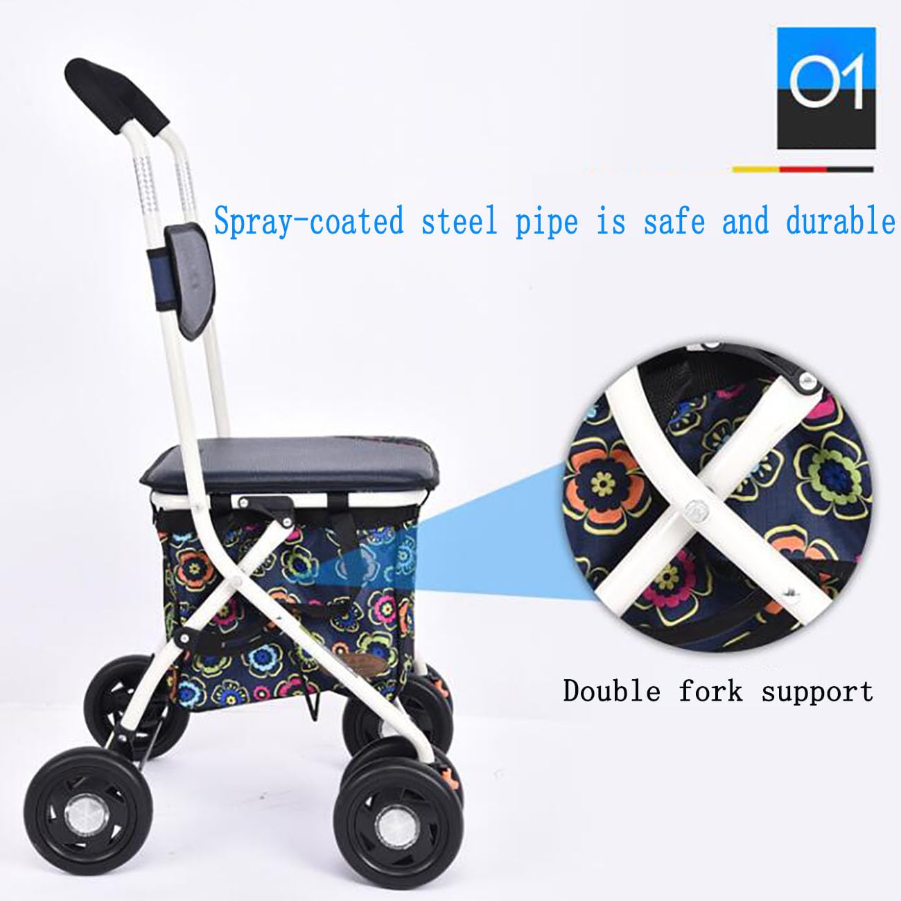 Carrello Pieghevole Portatile,Carrellino per Anziani Alluminio,Grande capacità,Deambulatore con Seduta Multifunzione,Supporta Fino A 90KG