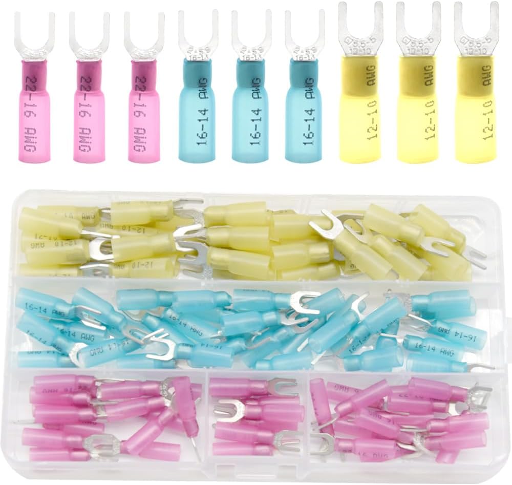 100 Pieces Heat Shrink Fork Wire Connectors, Insulated Quick Disconnect Electrical Crimp Connectors Terminals Kit 22-10 Gauge #10