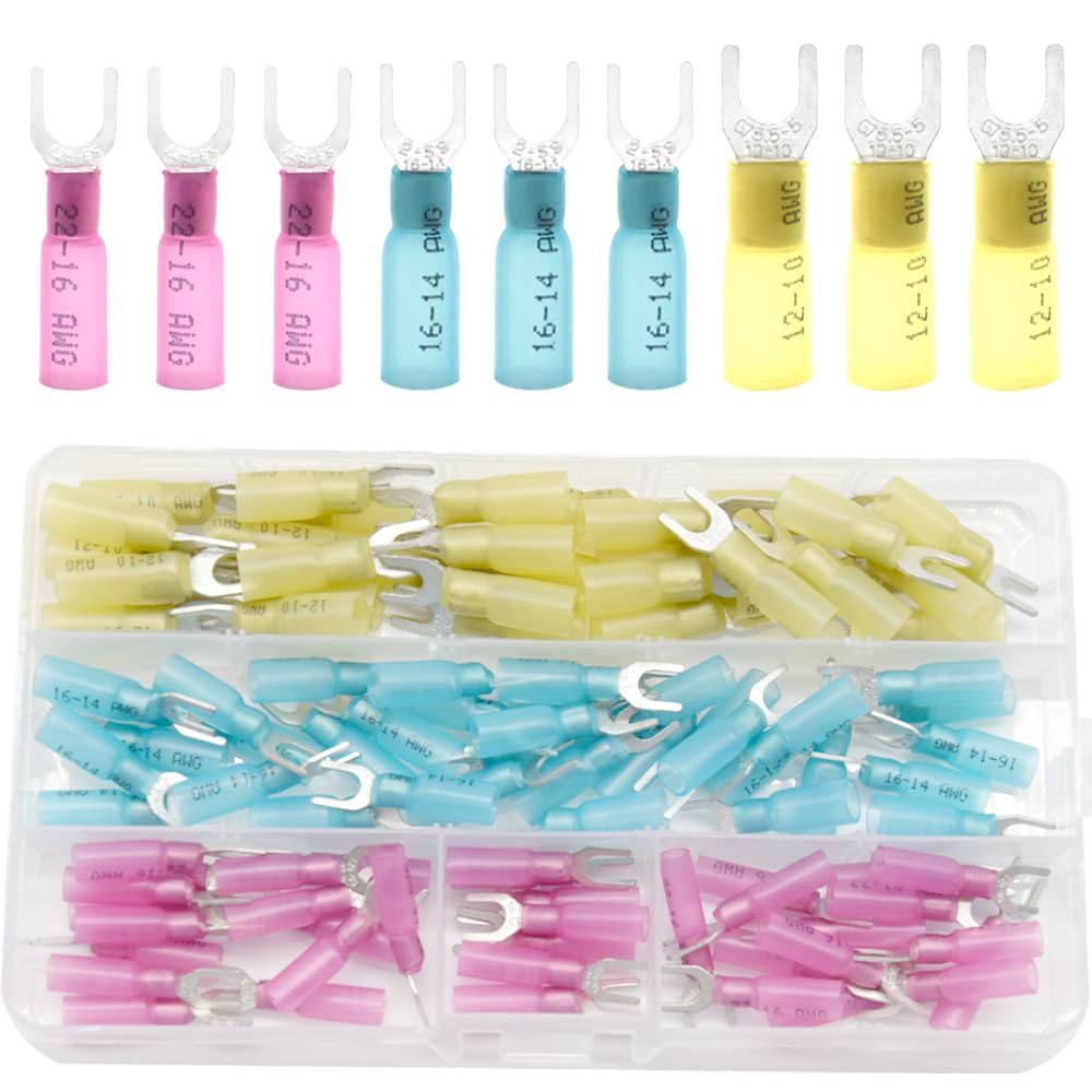 100 Pieces Heat Shrink Fork Wire Connectors, Insulated Quick Disconnect Electrical Crimp Connectors Terminals Kit 22-10 Gauge #10