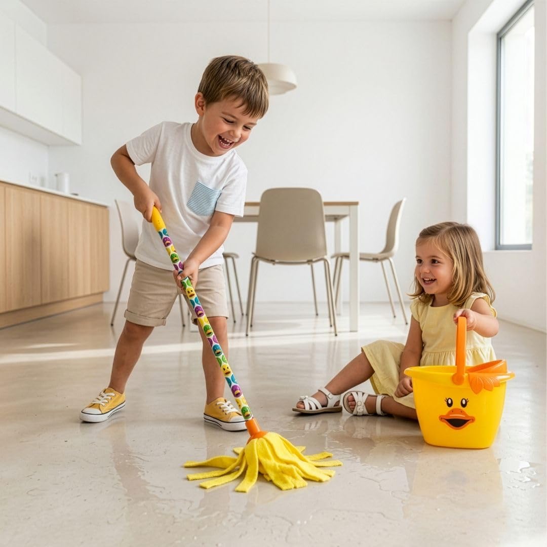 Vigar - Set de Fregar para Niños - Fregona y Cubo Infantil - 25 x 19 x 71 cm - Vigar Duck - Cubo de Polipropileno - Palo de Fregona de Acero - Amarillo