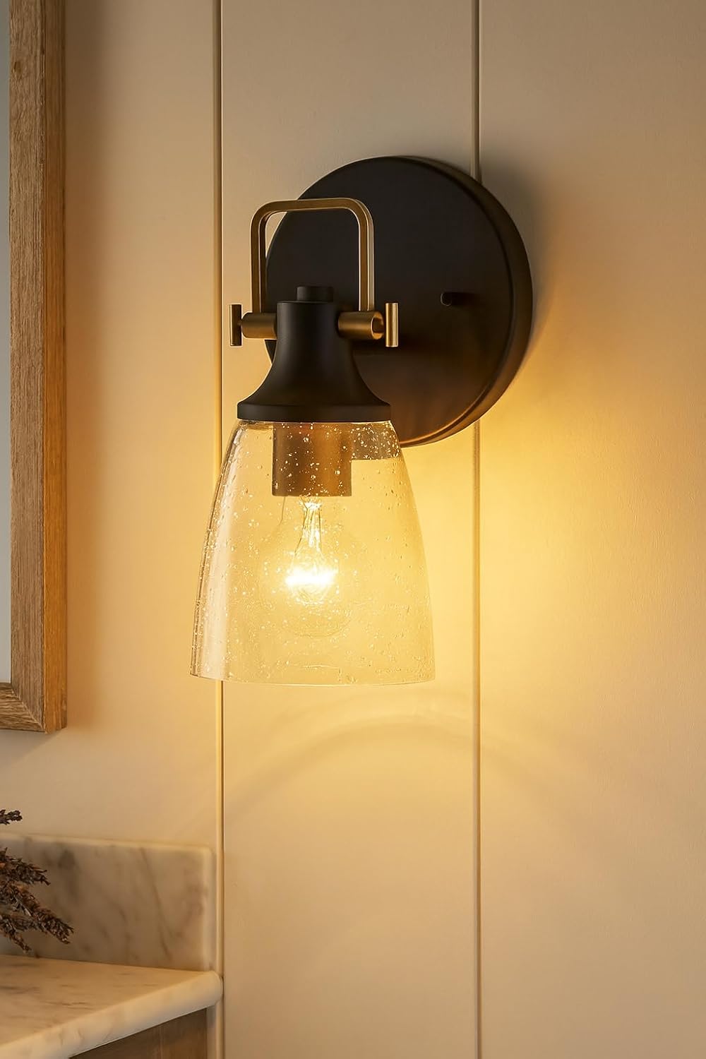 Hinkley Easton 51270BK Single Light Bath Vanity Fixture, Modern Industrial, Clear Seedy Glass Shade, Mounts Up or Down, Black and Heritage Brass