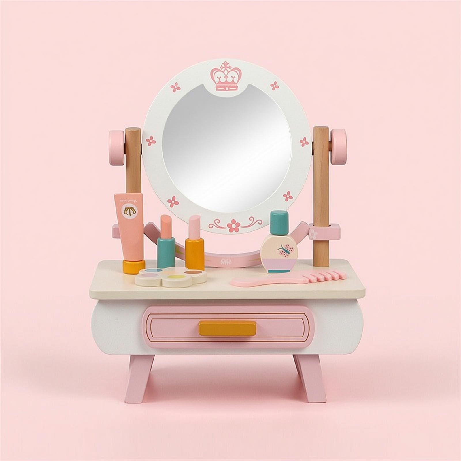 Tocador Infantil con Espejo Seguro Tocador con Cajón Irrompible Mesa Maquillaje para Niñas, Tocador De Madera Clásico con Espejo Redondo Y Cajón, Diseño De Juguete De Simulación para Niñas