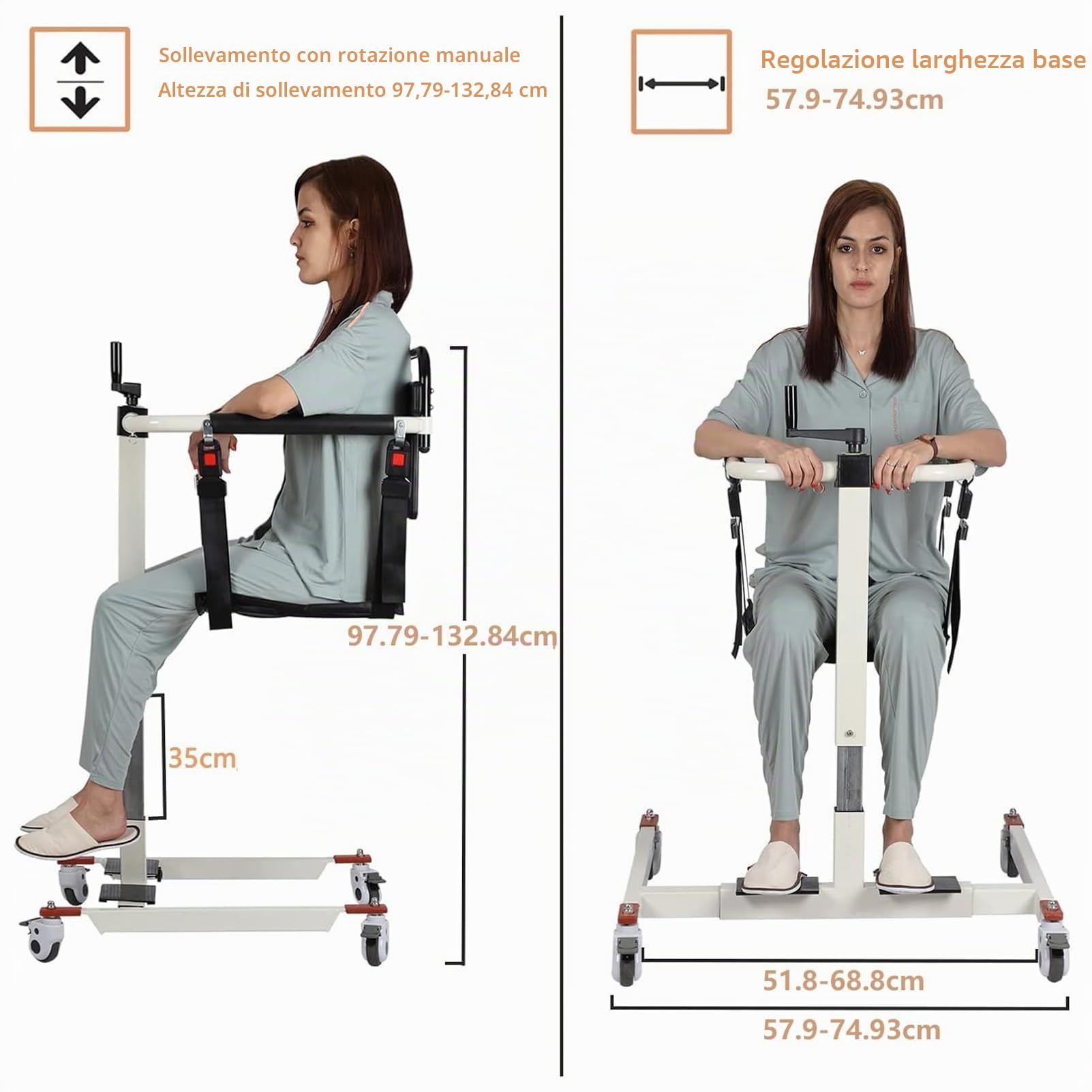 Sollevapazienti Manuale con Altezza Regolabile, Sollevatore Portatile con Imbracatura, Sedia da Trasferimento per Disabili e Anziani, per Casa e Auto