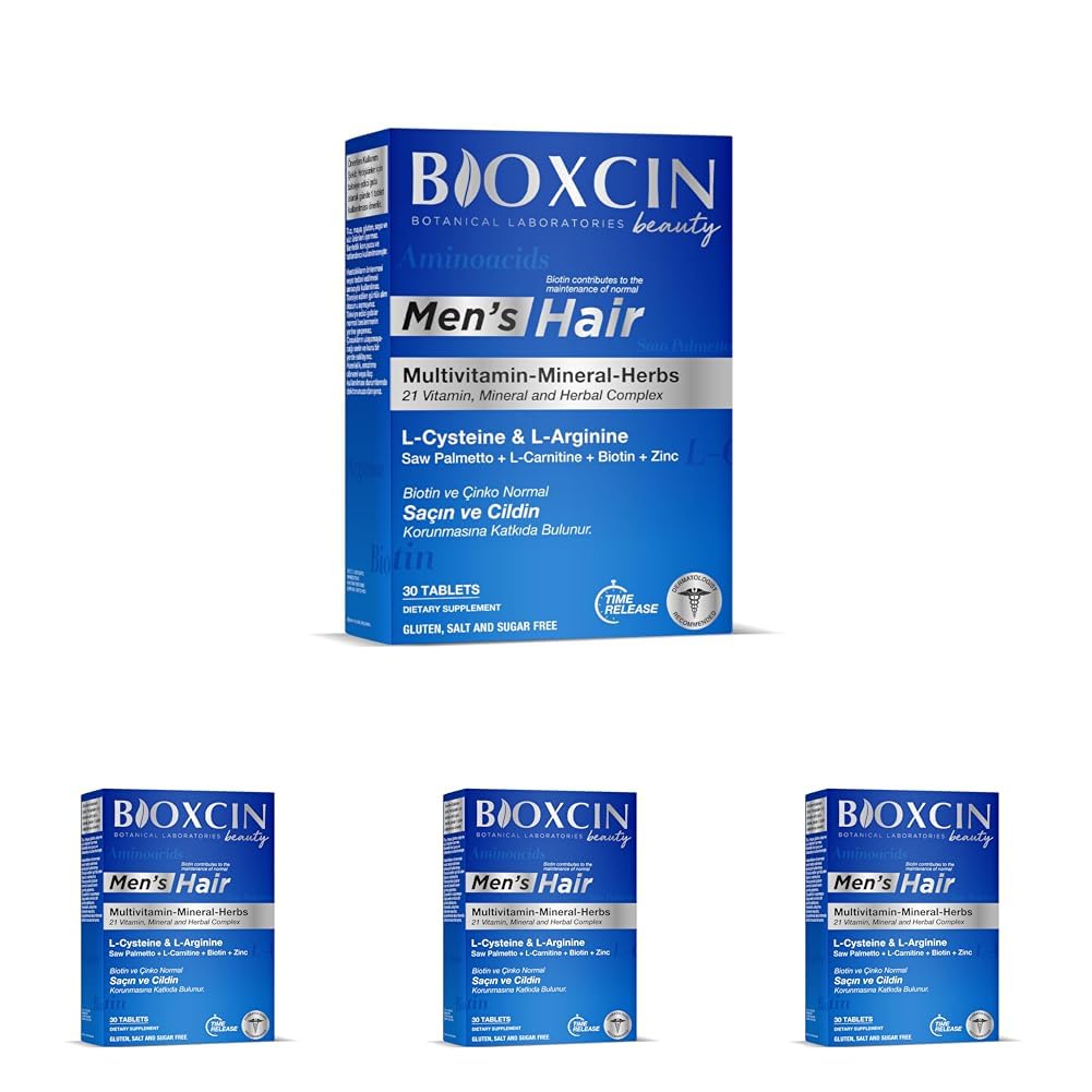 Bioxcin Men’s Hair Tablet – L-Arginin, Cüce Palmiye, L-Karnitin, Biotin ve Çinko İçeren Erkeklere Özel Saç, Cilt ve Tırnak Destek Tableti – 30 Tablet – Vegan (4 paketi)
