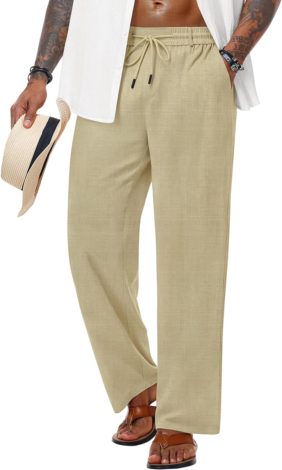SWOMOG Men's Cotton Linen Pants Elastic Drawstring Waist Casual Summer Beach Pants Lightweight Trousers with Pockets