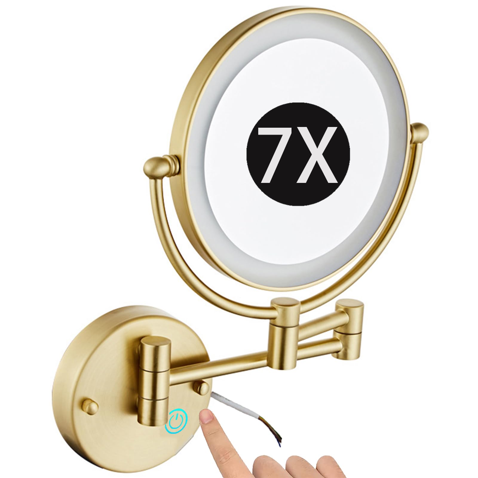 SXFSDOU 8" Wall Mounted Lighted Makeup Mirror, Hardwired Dimmable Double Sided Magnifying Extendable LED Bathroom Vanity Mirror with Lights,Brushed gold,7X
