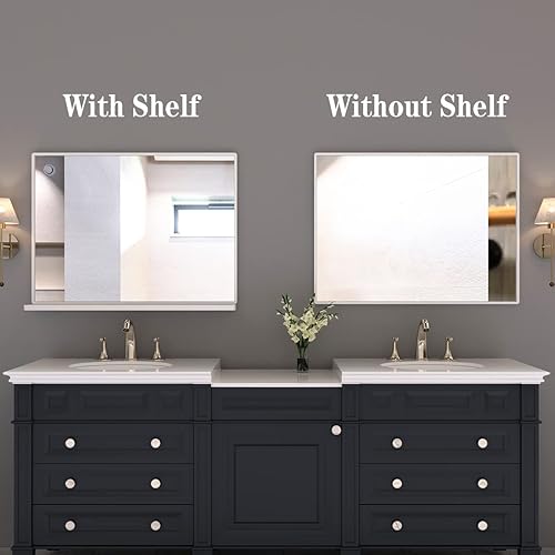 Miniatura 2 de ANYHI Espejo de pared de baño blanco de 32 x 24 pulgadas con estante espejo de baño moderno para pared espejo rectangular para colgar en la pared